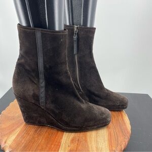 Prada Brown Short Wedge Suede ankle Boots Booties Sz 37.5